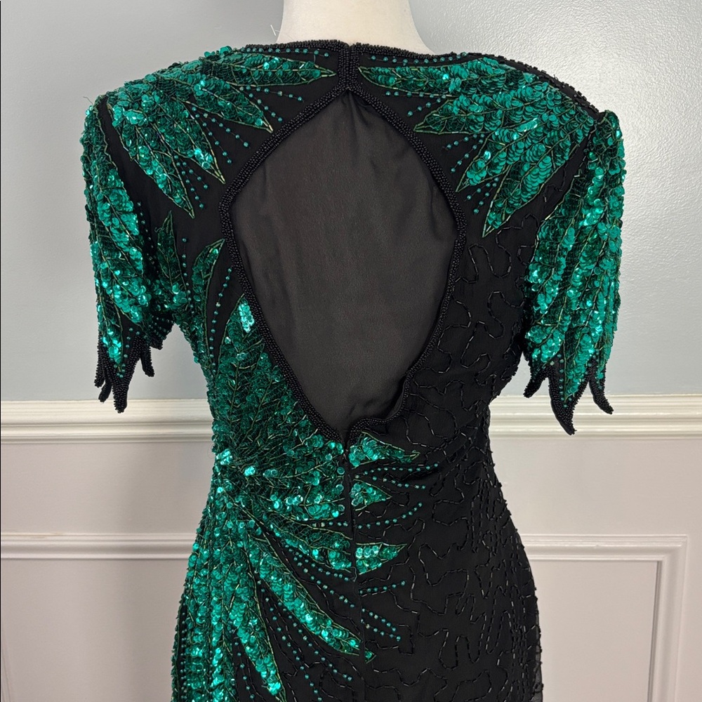 Vintage Carina Black Green Sequin Beaded Dress Size Medium 100% Silk Formal Sz M - Picture 8 of 15